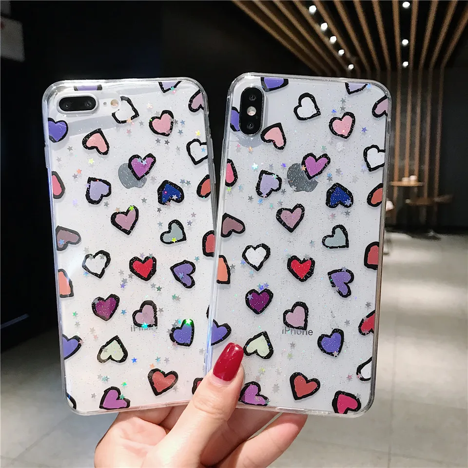 Glitter love heart phone cover carcasa for Apple iPhone X XR XS MAX 6s 8 plus 6 7 cell cases |