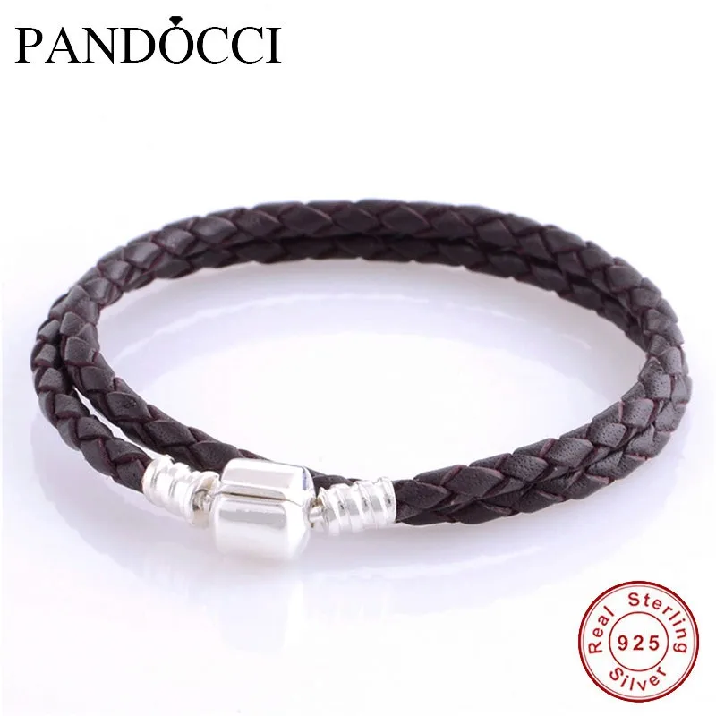 

Fits beads DIY Bracelets Dark Coffee Leather Chain Bracelets with Authentic 925 Sterling Silver Clasp Clip Charms PANDOCCI