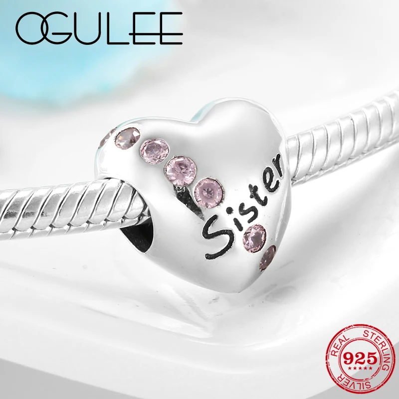 

New Real 925 Sterling Silver Pink Crystal Zircon Heart Beads for Sister Fit Original Pandora Bracelet friendship Jewelry making