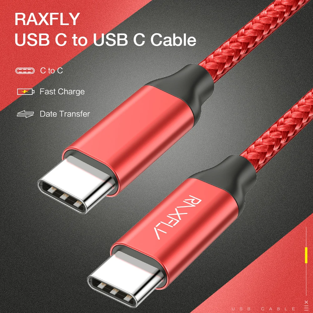 RAXFLY USB tipo C a USB-C Cable para Xiaomi Redmi Note 7 Samsung S9 tipo C Cable de carga rápida with de la policía de carga rápida USB-C Cable