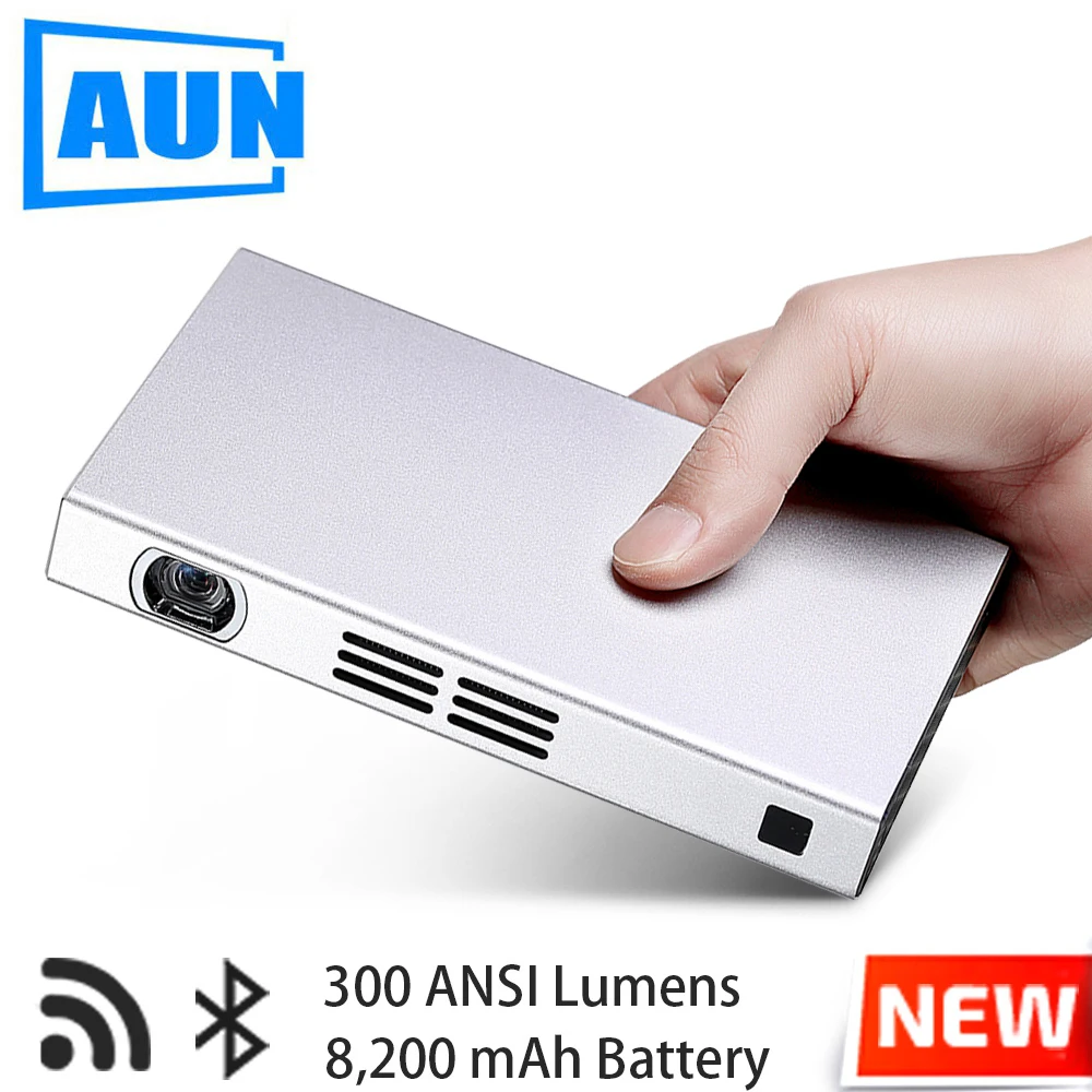 AUN WIFI Projector D6S, 1080*720 Resolution, Android 5.1, Bluetooth, 8,000mAH Battery Power Bank. HDMI, USB, SD. (Optional D6I)