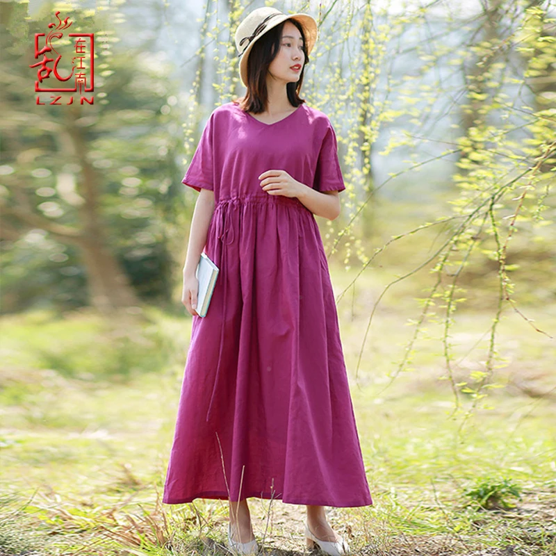 

LZJN Women Summer Pullover V Neck and O Neck Loose Drawstring Waist Cotton Linen Long Dress Basic Daily Style White Cool Dress