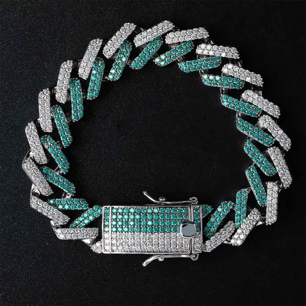 cheap 15MM Green White AAA Cubic Zirconia Geometric Square Chain Bracelets Men Hip Hop Bling Iced Out CZ Rapper Jewelry