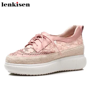 

Lenkisen handmade preppy style cow leather flower mesh round toe high soft bottom sport travel women vulcanized daily shoes L12