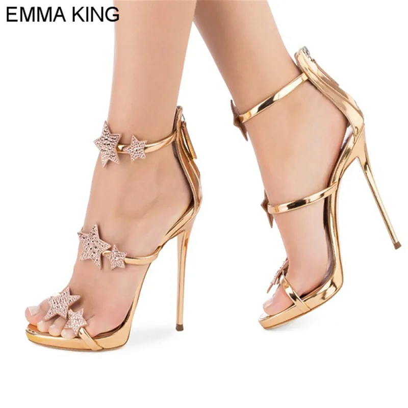 

EMMA KING 2018 New Sweet Style Star Decoration Women Sandals Round Toe Thin High Heel Back Zipper Elegant Ladies Shoes For Party