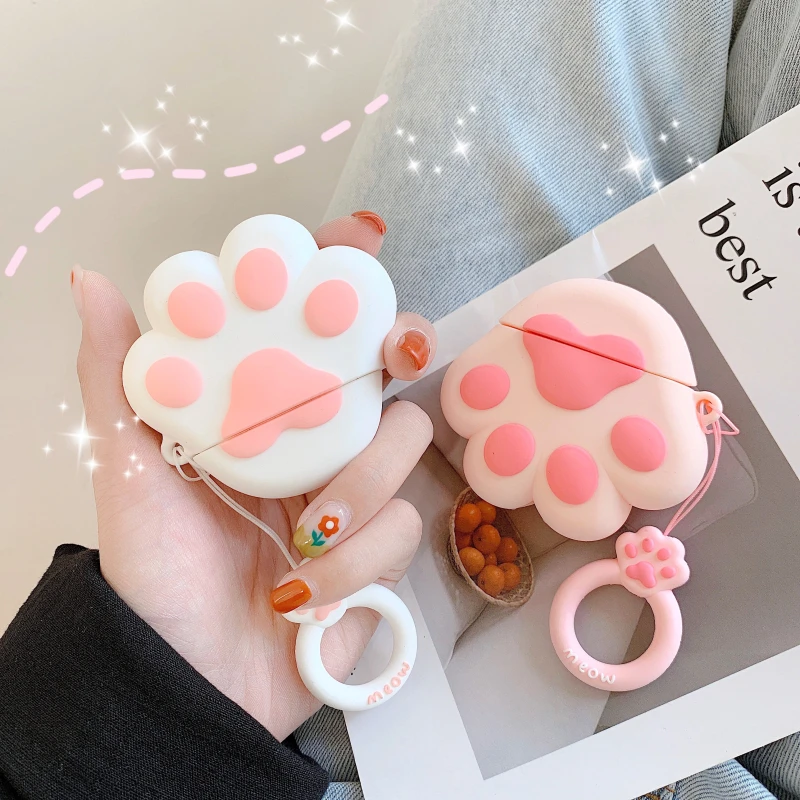

Cute Cat Claw Silicone Case for Apple Airpods 2 Protective Cover with Finger Ring Rope Wireless Bluetooth Headphone Accessories
