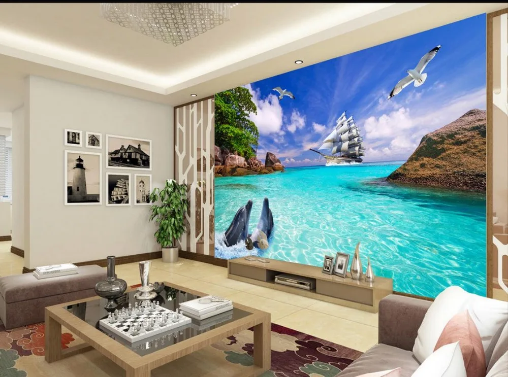 

3d wallpaper for room Dolphin Bay sailboat backdrop mural 3d wallpaper photo mural wallpaper