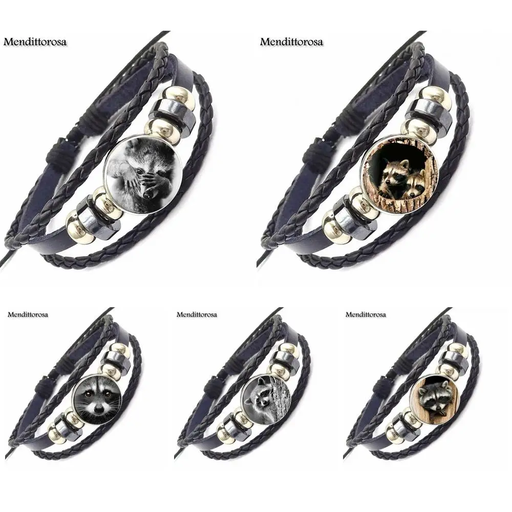 

EJ Glaze Jewelry Black Leather Bracelet Bangle Jewelry Crystal Gift For Kids Beads Retro Wild Animal Raccoon