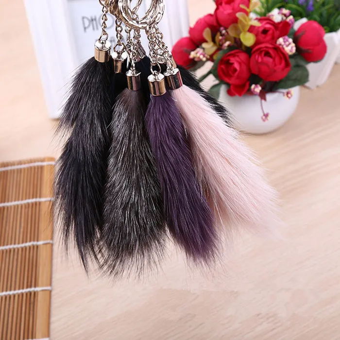 

5 Color High Quality Fox Fur Brand Bag Key chain Car Keyring FurLong Pompon Keychain Fur Brand Bag Charms Key chain Fur Keyrings