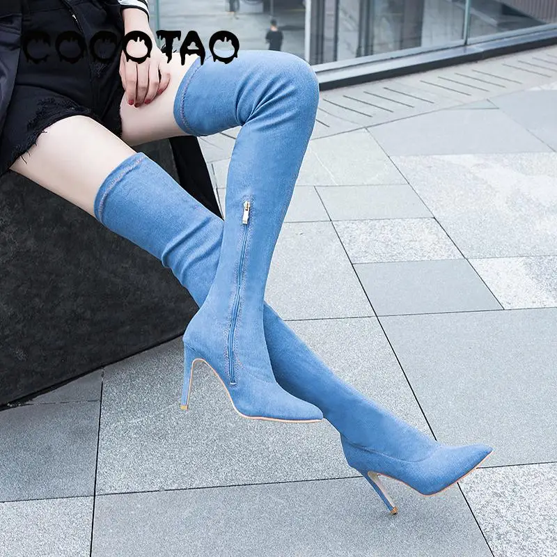 

Fall 2019 Fashion New Knee-high Boots Nylon Stockings Female Boots Pointed High Heel With Sexy Female Boots60