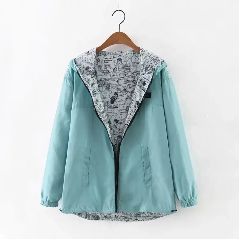

WT004 Autumn trench coat for Women Bomber Basic trench Pocket Zipper Hooded Two Side Wear Cartoon Print Outwear Loose Coat