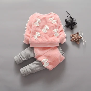 

2019 Winter Spring Baby Girls Clothing Set Fur Thick Velvet Newborn Baby Set Bow Cute Princess Girls Sweatshirt +Pants 2 pieces