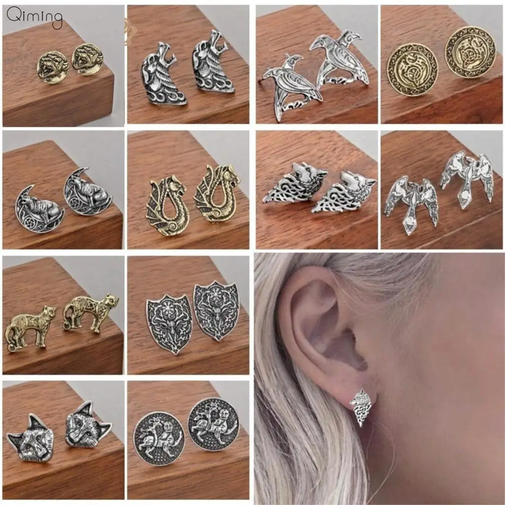 

2019 Vintage Women's Men's Earrings Retro Viking Jewelry Antique Wolf Cat Dog Animal Pendant Cheap Punk Stud Earring Gift
