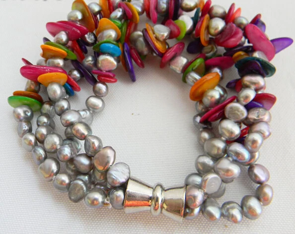 

0936 4Strands 8'' Gray Baroque Freshwater Pearl Multicolor Shell Bracelet