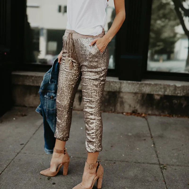 Женские облегающие брюки с высокой талией повседневные блестками|pencil pants|fashion pants