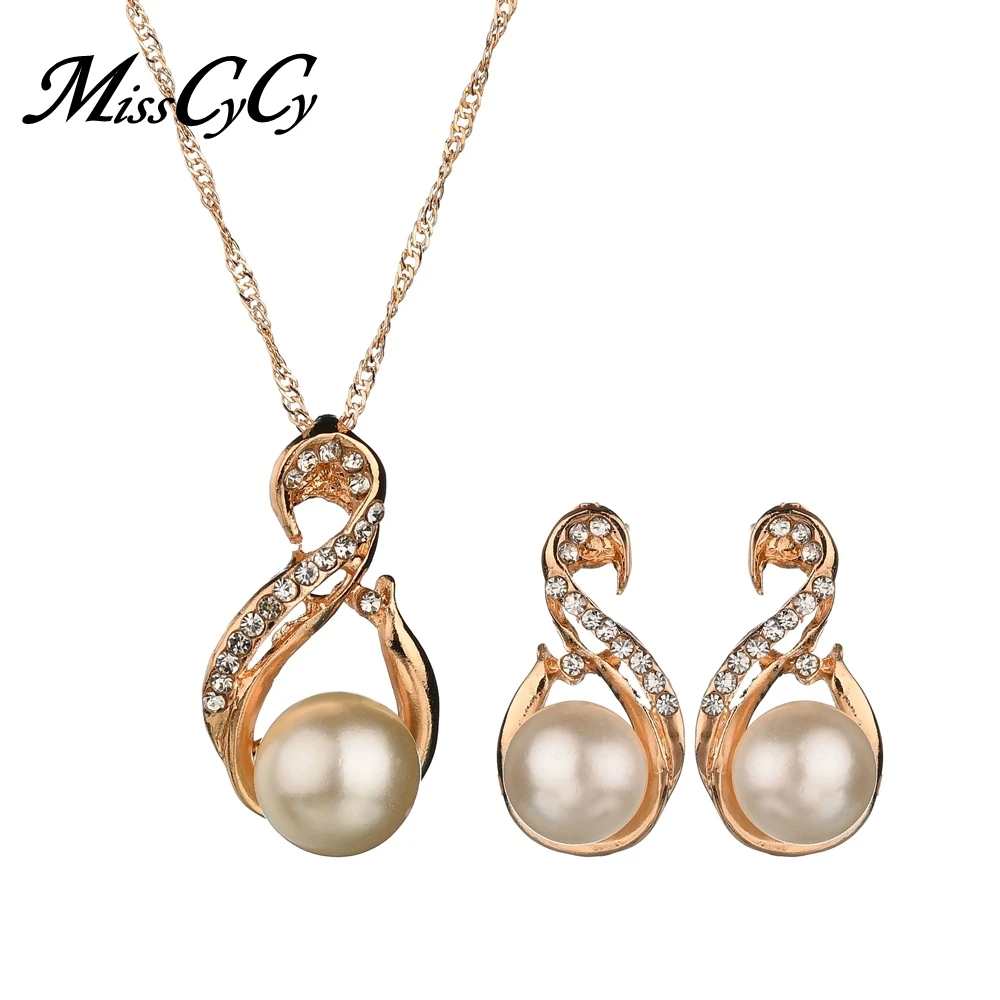 

MissCyCy Fashion Imitation Pearl Jewelry Sets Wedding Rhinestone Water Drop Necklaces Earrings Set 2018 New