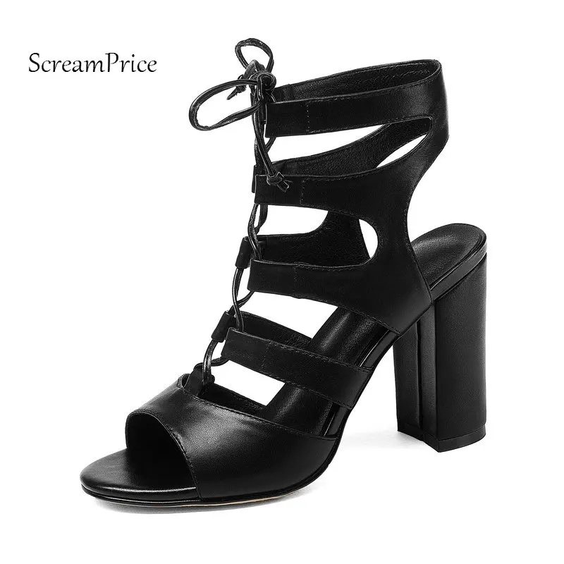 Summer Square High Heel Open Toe Woman Gladiator Genuine Leather Sandals Rome Lace Up Dress Shoes Woman Black Beige