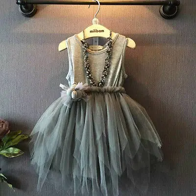 

Little Girls Princess Dress Toddler Kids Baby Girl Clothes Vintage Gray Sleeveless Tulle Tutu Party Dress 2-7 Year