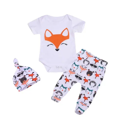 

0-24M 3Pcs Fox Clothes Toddler Baby Girl Boy Infant Clothes Fox Print Tops Romper Legging Pants Hat Baby Outfits