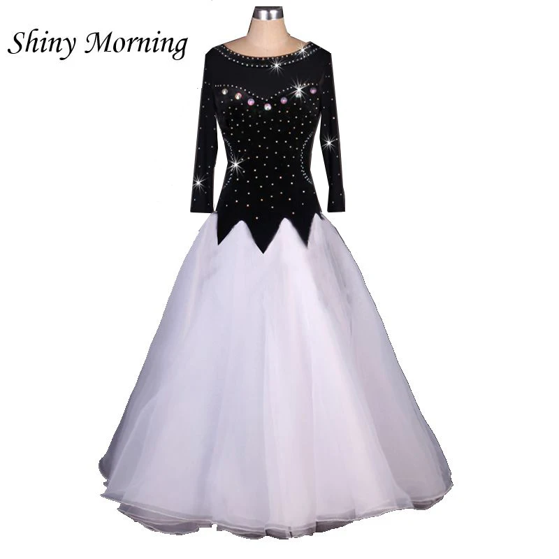 

customize black white adult Viennese Ballroom Fox trot Quick step tango Modern galop Waltz stone competition Dance Dress