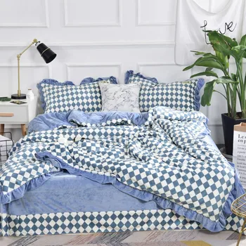 

Fleece fabric Bedding Sets blue plaid stripe Duvet Cover Pillowcase Sheet super soft Bed Linen queen size bed set