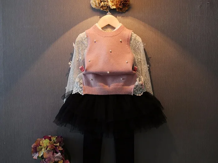 [Bosudhsou.] yyy-15 модные Жилет для детей жилетка с кружевом розовый синий Одежда 0-Средства ухода за кожей Шеи осень-зима бантом для девочек Вязанный свитер