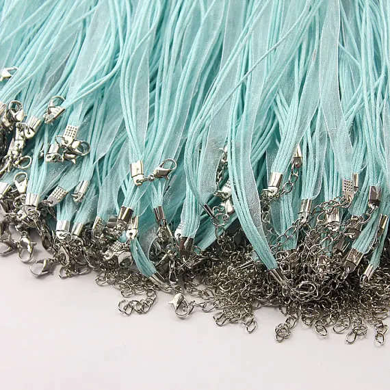 

Free Shipping 100pcs 18inch Light Lake Blue Organza Ribbon Wax Cotton Necklace Cord String,Extender Chain,Lobster Clasp,DIY