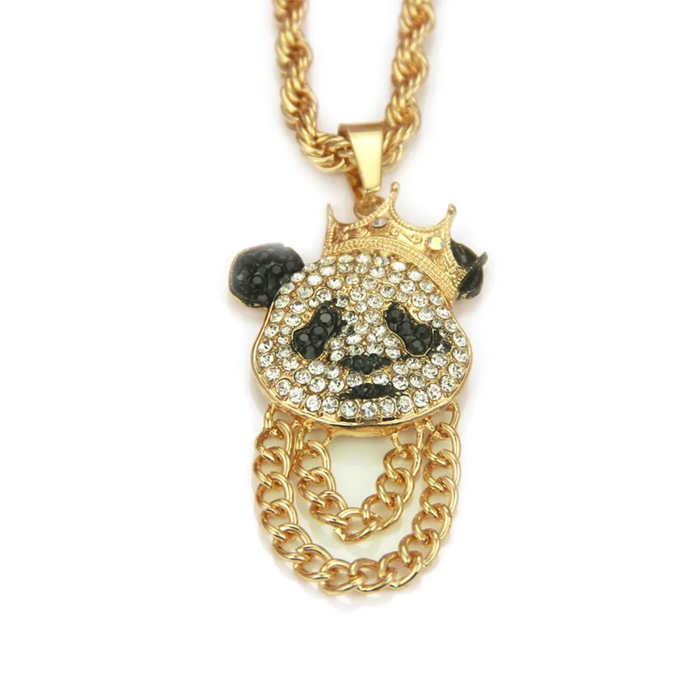 

European and American foreign trade fashion crown panda pendant necklace men's hip-hop rap accessories