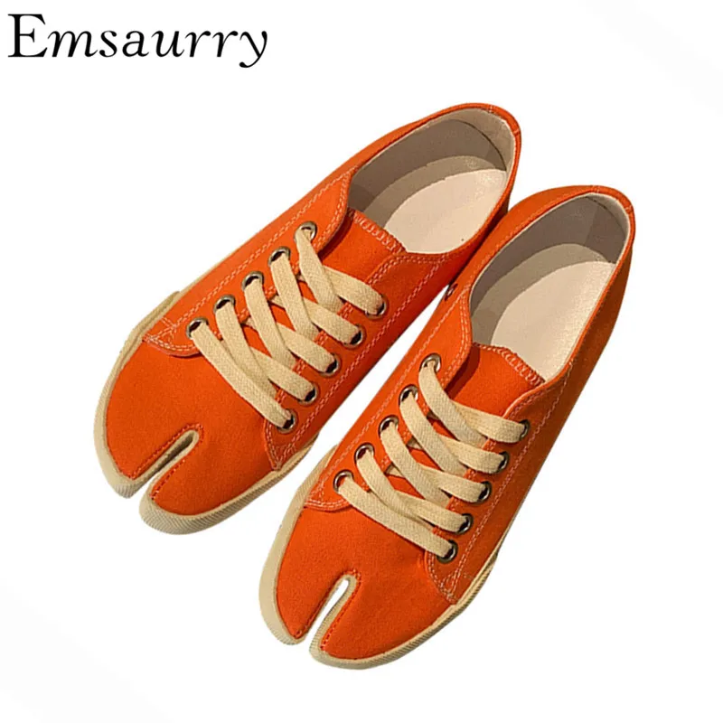 

New Spring 2019 Canvas Split Toe Casual Shoes Woman Cross-tied Flat Shoes Retro Style Individual Orange Color Zapatos Mujer