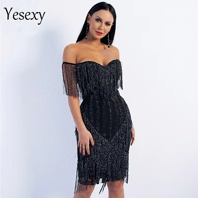Yesexy Для женщин пикантные сапоги с бахромой вечерние элегантное платье с низким вырезом на спине платье с открытыми плечами, в полоску, с блестками женское платье с вырезом лодочкой VR8781 - Цвет: black