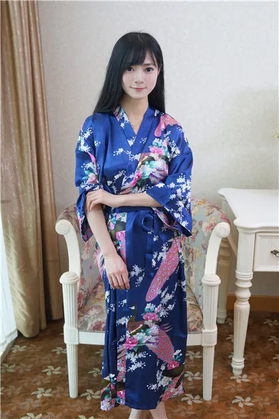Розовый Свадебный халат для невесты, подружки невесты, Цветочный халат, Атласный халат из вискозы, ночная рубашка, женское кимоно, юката, длинная Пижама, ночная рубашка JA29 - Цвет: Navy Blue