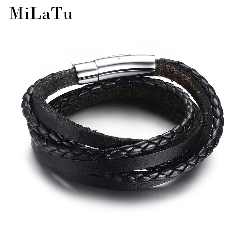 MiLaTu New Fashion Men Black Leather Braided font b Bracelet b font Multilayer Genuine Leather Wristband