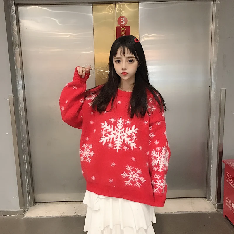 

Women Thick Warm Runway Knitting Sweater Female 2018 New Winter Fashion Students Red Long Sleeve Print Pullovers Loose Sweaters