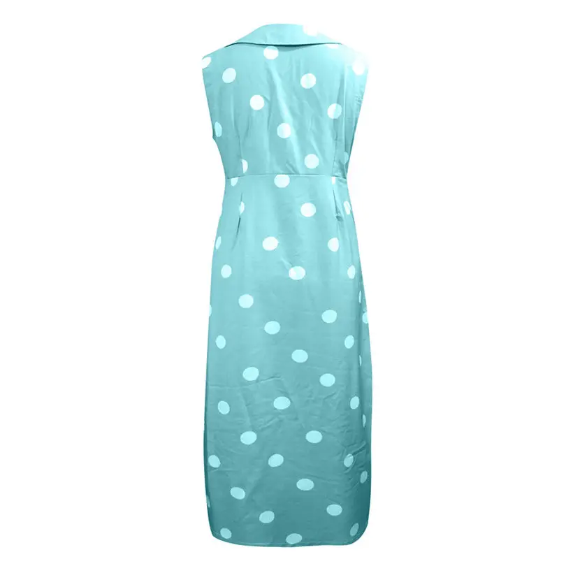 New Women Summer Fashion Elegant Casual Dot Print Boho Dress Turn-down V-neck Dress Button Pocket Bohemian Dress #4A25 (4)