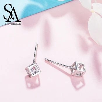 

SA SILVERAGE Real 925 Sterling Silver Square Stud Earrings For Women Fine Jewelry Classic Rhinestone Silver Earrings Set Female