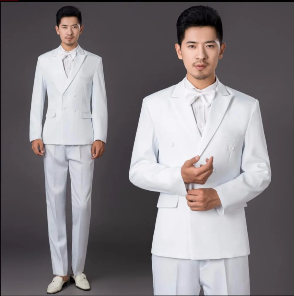 

Jacket + Pants New Men White Double Breasted Suit Host Dress Singer Stage Performance Suit Wedding Groom Married Formal Dress