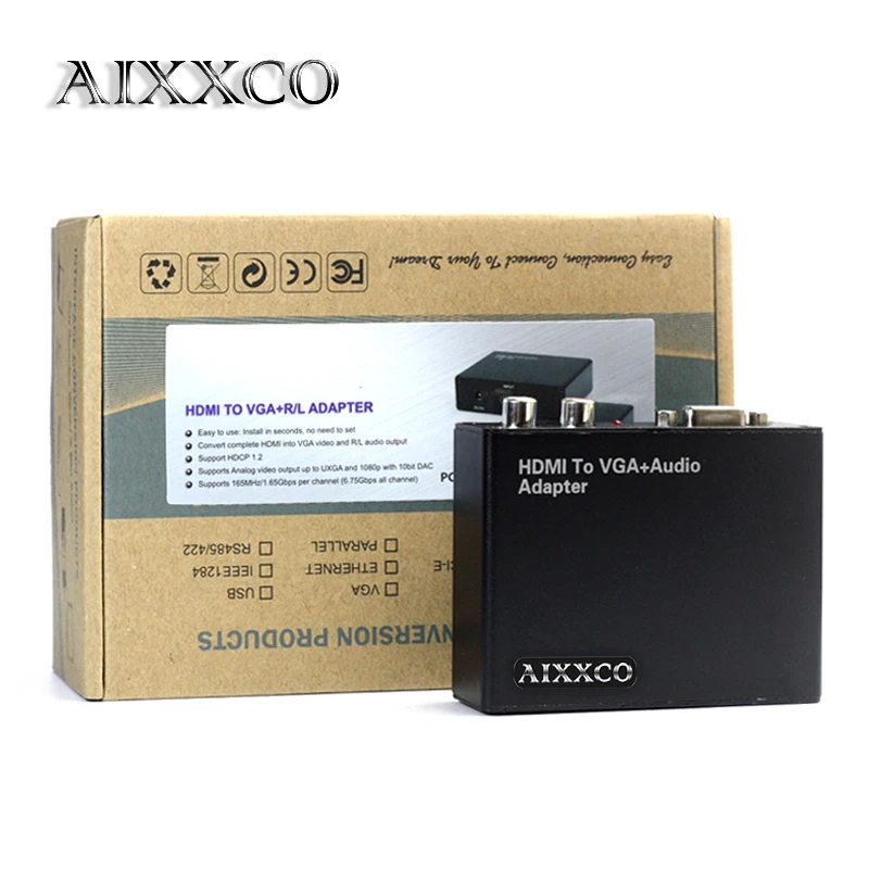 AIXXCO HDMI إلى محول VGA مع الصوت/R/L HDMI2VGA 1080 P موصل لأجهزة الكمبيوتر المحمول إلى HDTV التلفزيون مربع العارض HDMI2 محول VGA