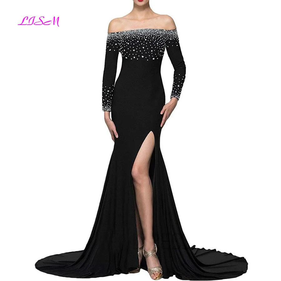 Черное элегантное вечернее платье русалки с вырезом лодочкой и кристаллами, длинные рукава, сексуальные платья для выпускного вечера - Цвет: Photo Color