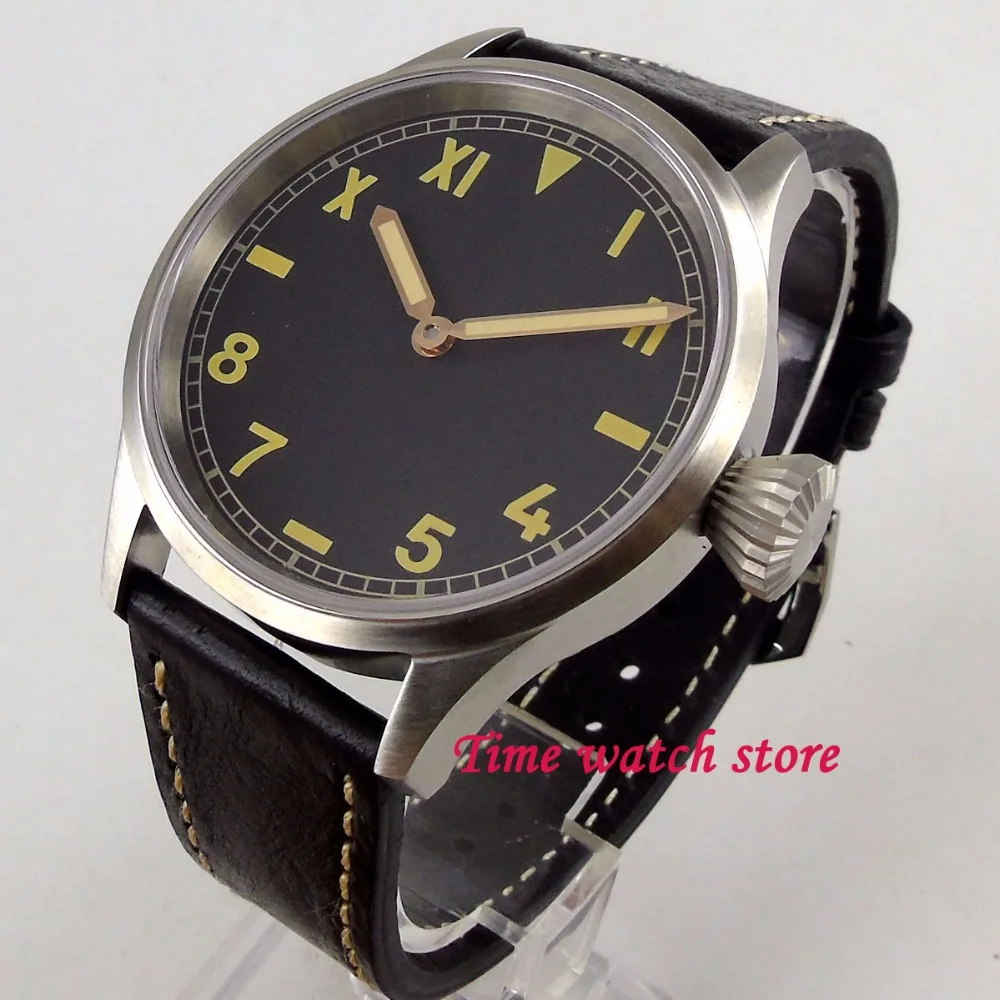 

43mm mechanical watch men waterproof circle leather steel California black dial sapphire jewels 6497 hand wind wrist 1203