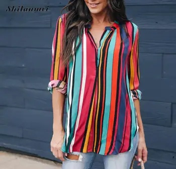 

Women Blouses 2018 Colorful Block Striped Button Shirt Elegant Office Ladies Casual Long Sleeve Blouse Shirts Tops Chemise Femme