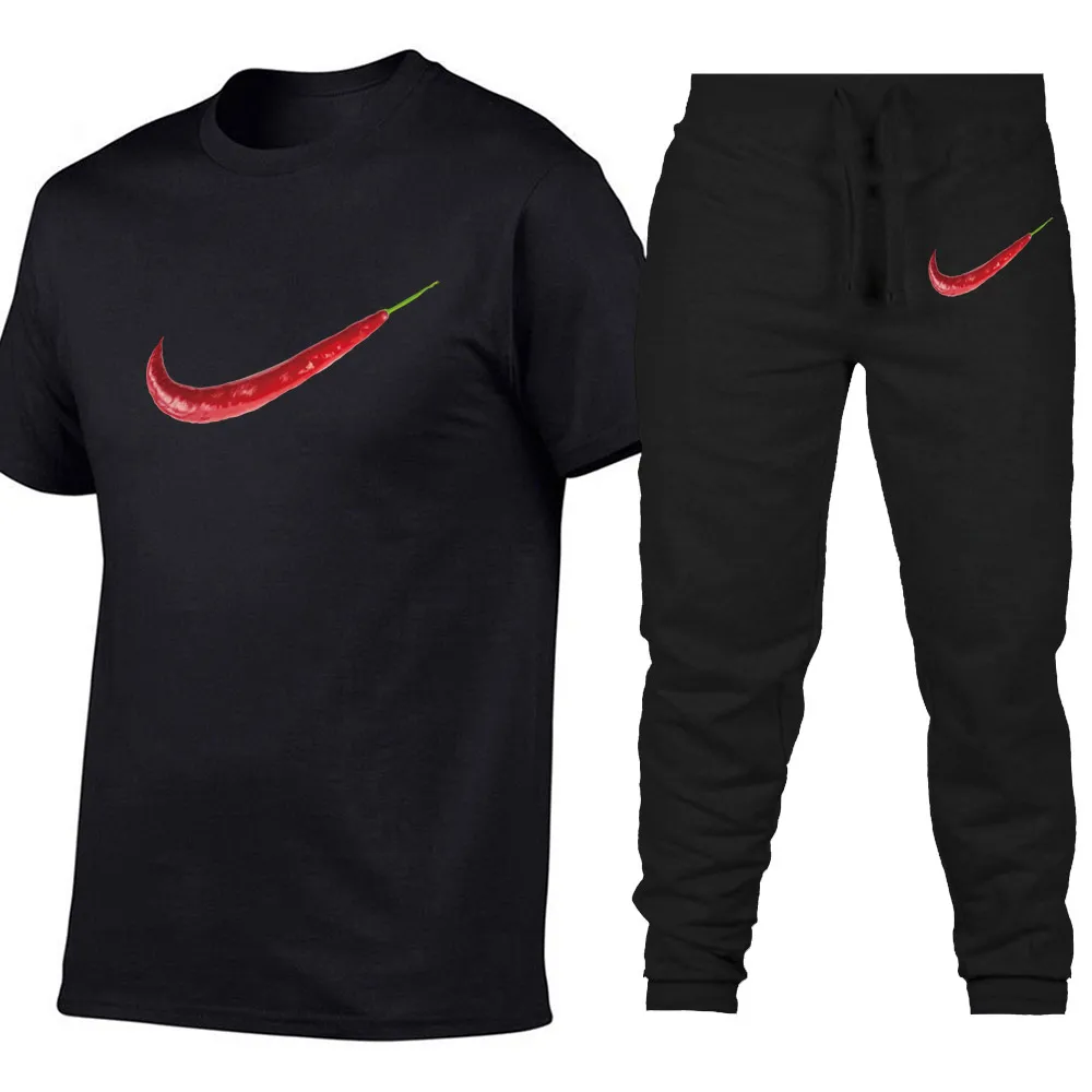 

Quality Men's Sets T Shirts+pants new men Red pepper print clothing Two piece suit tracksuit Casual Tshirts Gyms Workout suit