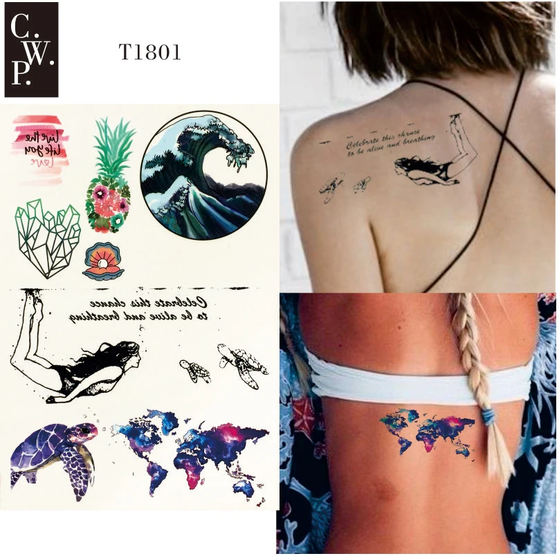 

T1801 1 Piece Explore the Sea Temporary Tattoo with Wave, Sea Shell, World Map and Pineapple Pattern body paint Tattoos