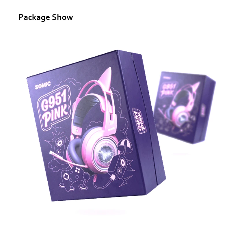 SOMIC G951 розовые кошачьи наушники виртуальной 7,1 с шумоподавлением, игровые наушники, вибрация, светодиодный, USB гарнитура, наушники для девочек, для ПК