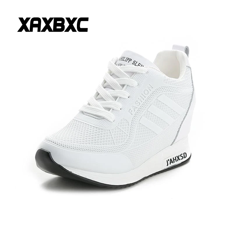 

XAXBXC 2018 Summer Leather Mesh Breathable Platform Increasing Wedges High Heels Casual Women Sneakers Mujer Vulcanized Shoes