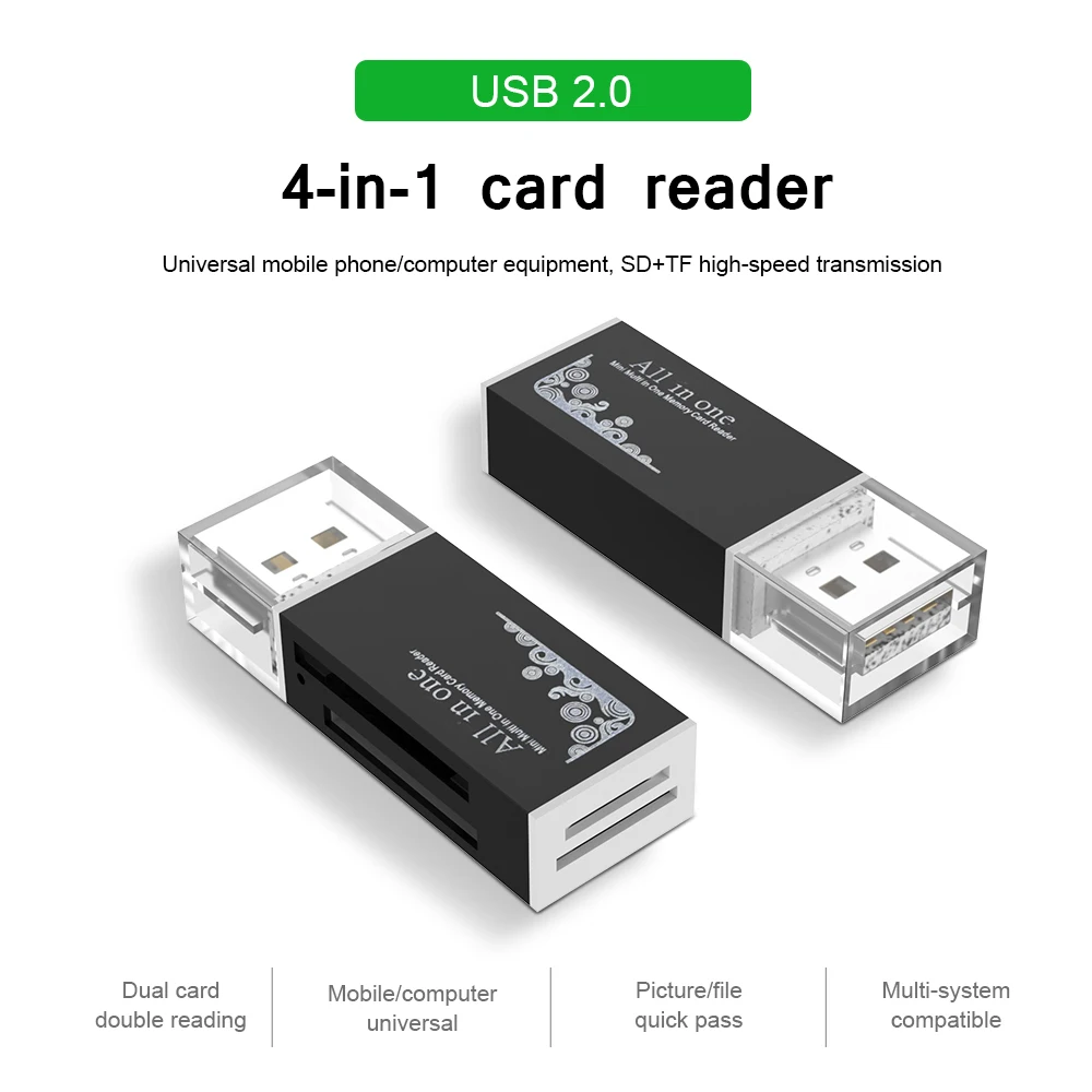 4 в 1 кардридер USB 2,0 SD/Micro SD TF смарт-карта памяти адаптер для ноутбука USB 2,0 кард-ридер SD кард-ридер