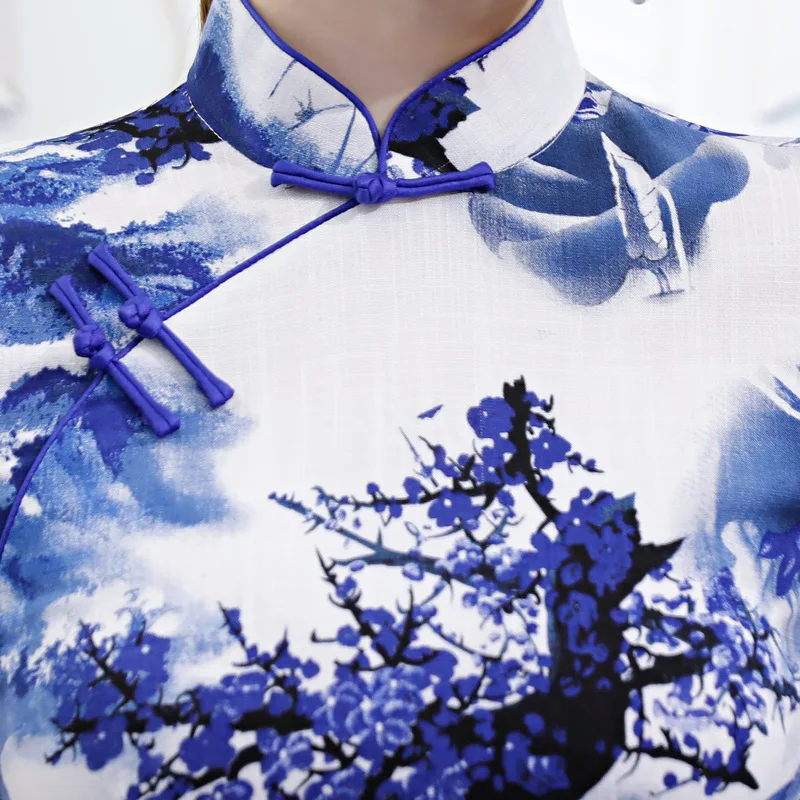 Модные женские короткие Cheongsam Винтаж китайский стиль район Qipao платье Slim вечерние платья с пуговицами Vestido плюс Размеры S-4XL