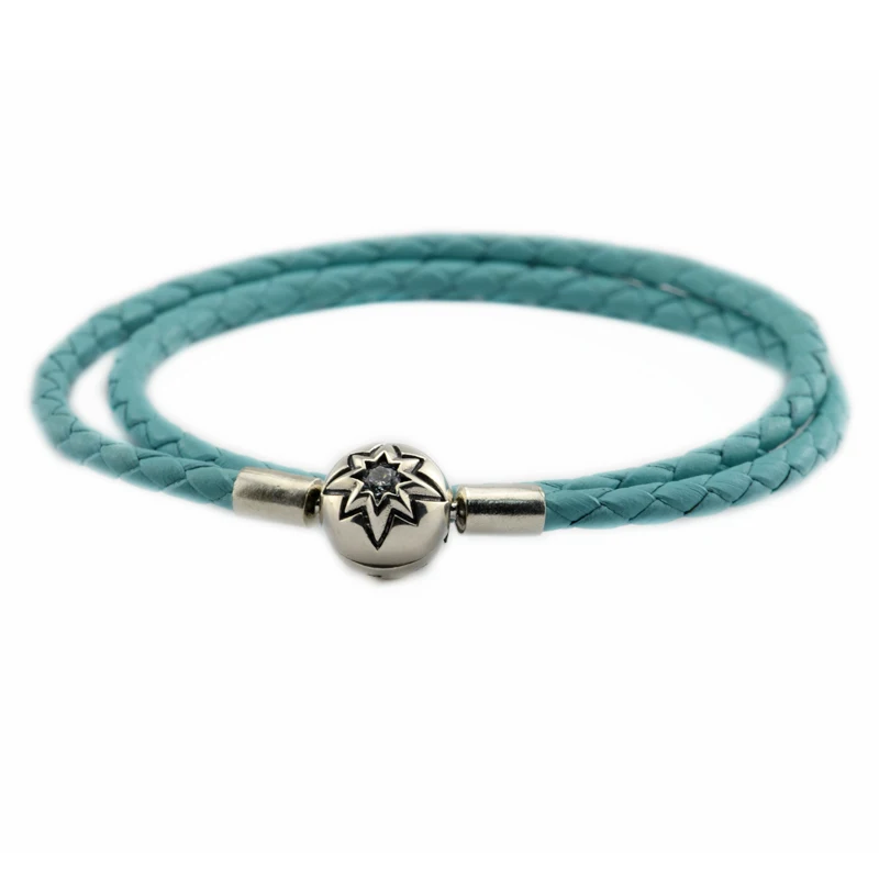 

Authentic 925 Sterling Silver Jewelry Ocean Blue Leather Bracelets Free Shipping