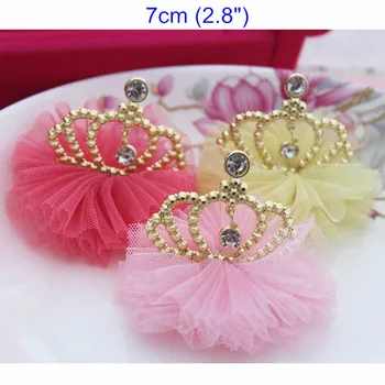 

6 Girl Princess Hair Flower 7cm (2.8") Chiffon Flowers With Gold-color Crown and Rhinestones,Baby Girl's Hair Accessories Flower