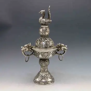 

Chinese cupronickel Hand-Carved 2 Dragon Incense Burner&Peacock Lid