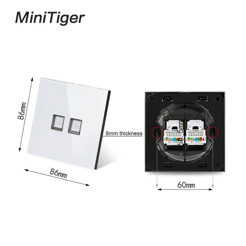 Minitiger Белый Роскошный Кристалл Закаленное стекло панель 2 Gang RJ45 Интернет разъем